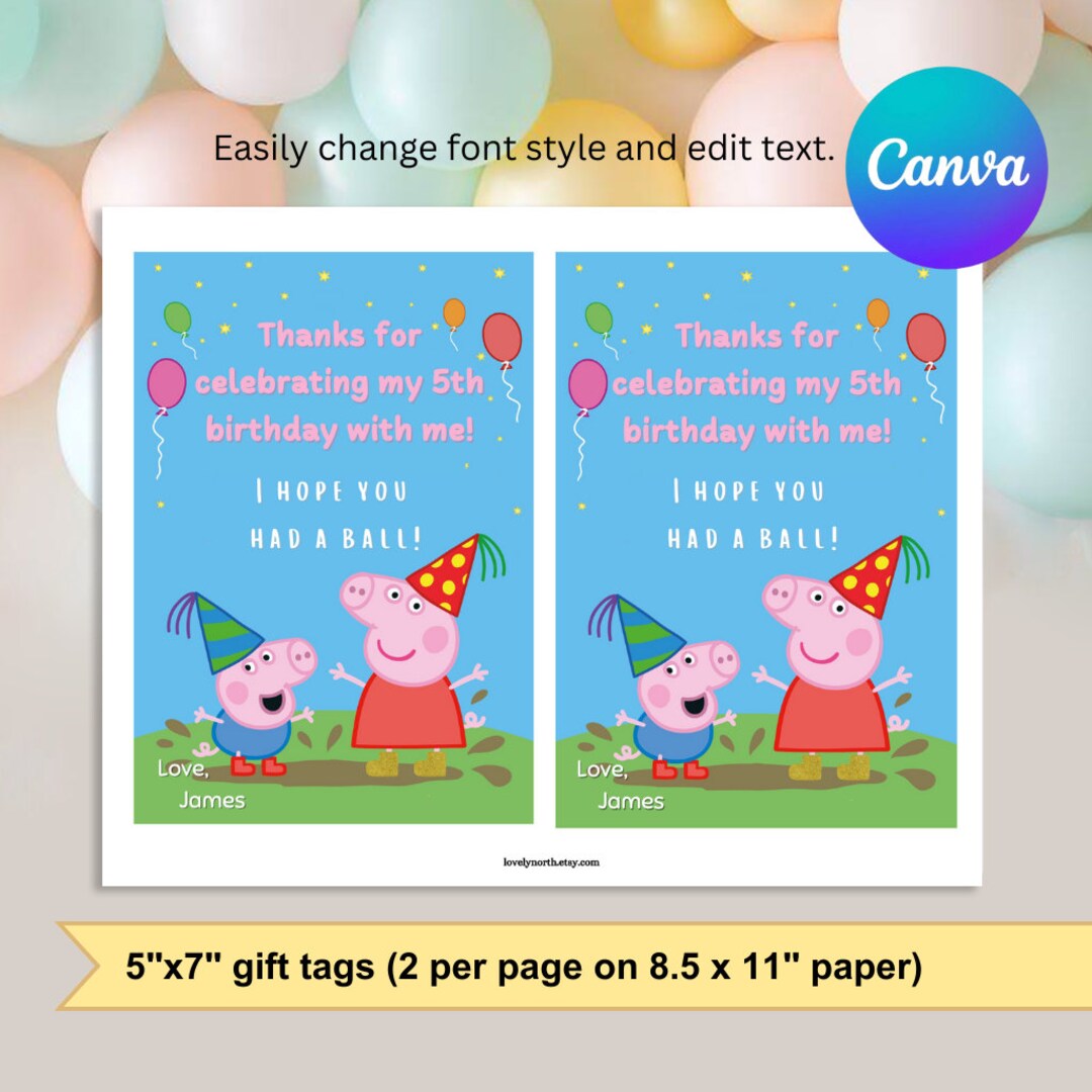 Editable Peppa Pig Thank You Tags, Large 5 X 7 Inches, Peppa Pig ...