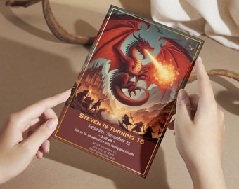 NEW Dungeons and Dragons Party Invitation, Red Dragon No. 2, Editable, Printable 5x7, Digital Invitation