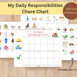 May include: A printable chore chart for kids with colorful illustrations and a checklist for daily responsibilities. The chart includes sections for morning, evening, and done. The chart has 40+ icons.