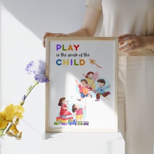 El juego es el trabajo del cartel infantil, ilustración de niños, cita Montessori, versión a todo color y menos tinta, arte de pared imprimible