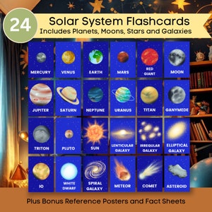 Ensemble de 24 cartes mémoire du système solaire (comprend des planètes, des étoiles, des lunes et des galaxies) Affiches de référence et fiches d'information en prime