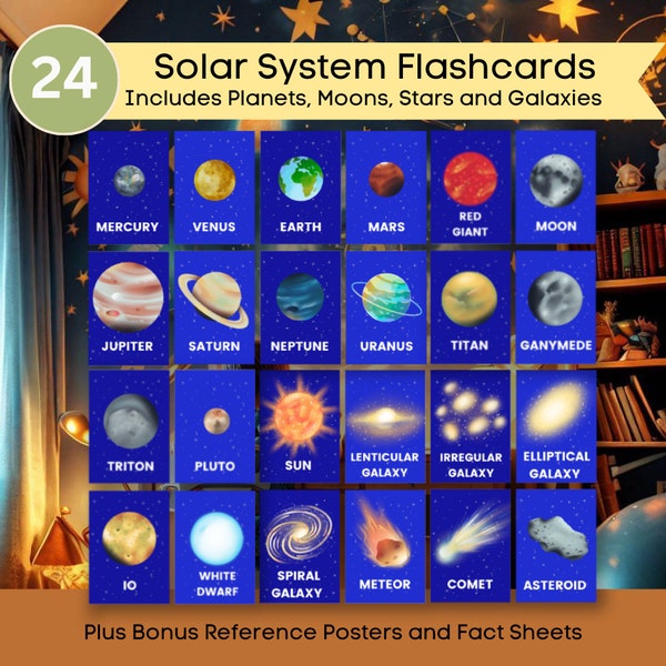 24 Solar System Flashcards Bundle (includes planets, stars, moons and galaxies) Bonus Reference Posters and Information Sheets