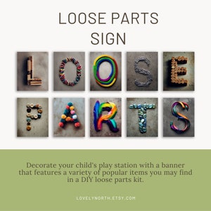 Loose parts sign with recycled objects and school craft items, digital download