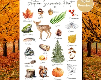 May include: A printable autumn scavenger hunt checklist with illustrations of fall items like a maple leaf, acorn, bird, deer, pine cone, mushrooms, spider web, and pumpkin.