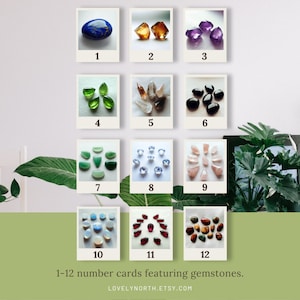 Carte numeriche 1-12 con pietre preziose, rocce e minerali per contare, stile polaroid, ispirazione reggina, flashcard con parti sciolte, digitali