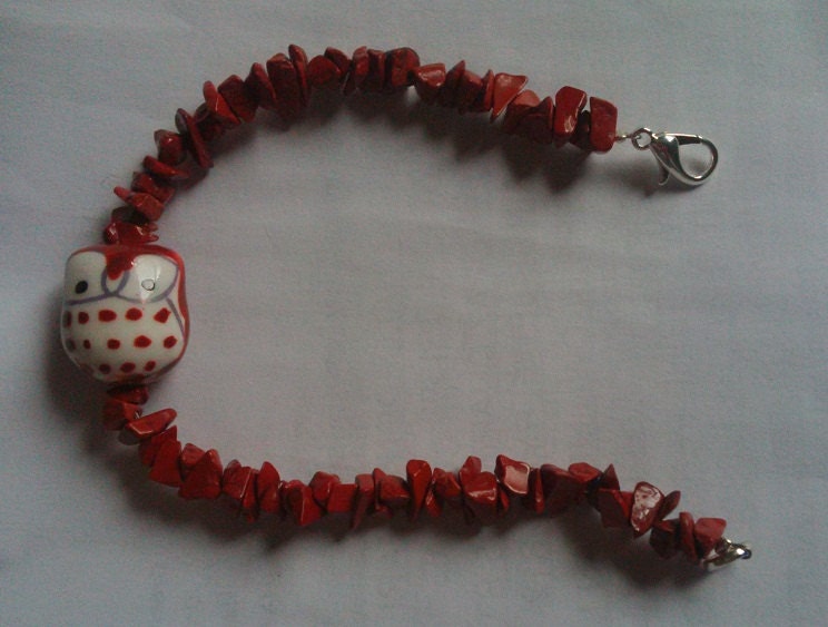 Hand Made owl and red jasper semi precious bracelet