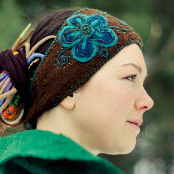 Merino wool felted Hair band with indigo flower, woolen headband