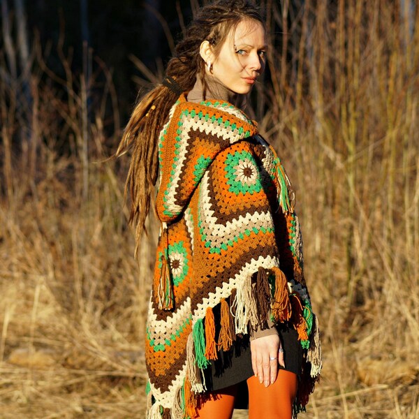 Autumn colors wool poncho, Boho top, knit Poncho Fairy Pixie, Loose top for woman, festival warm top