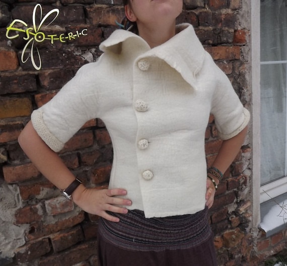 Hand made woolen jacket "New Age", Merino wool felted white jacket, Flower of life wool jacket, FREE SHIIPING!