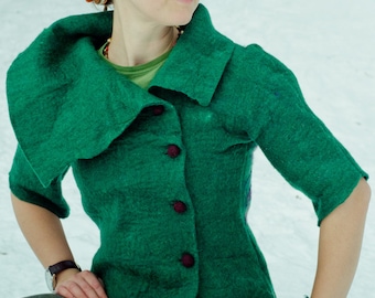 Hand made Merino wool jacket, felted jacket, esoteric jacket Wisdom Eye, woman's green custom design jacket, FREE SHIPPING