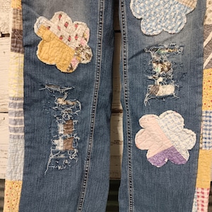 upcycled vintage cutter quilt panel jeans Maurices mid rise size 6 long