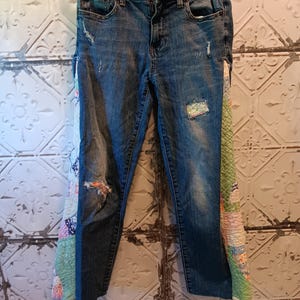 Upcycled Vintage quilt panel barrel leg jeans size 27 girlfriend Gap