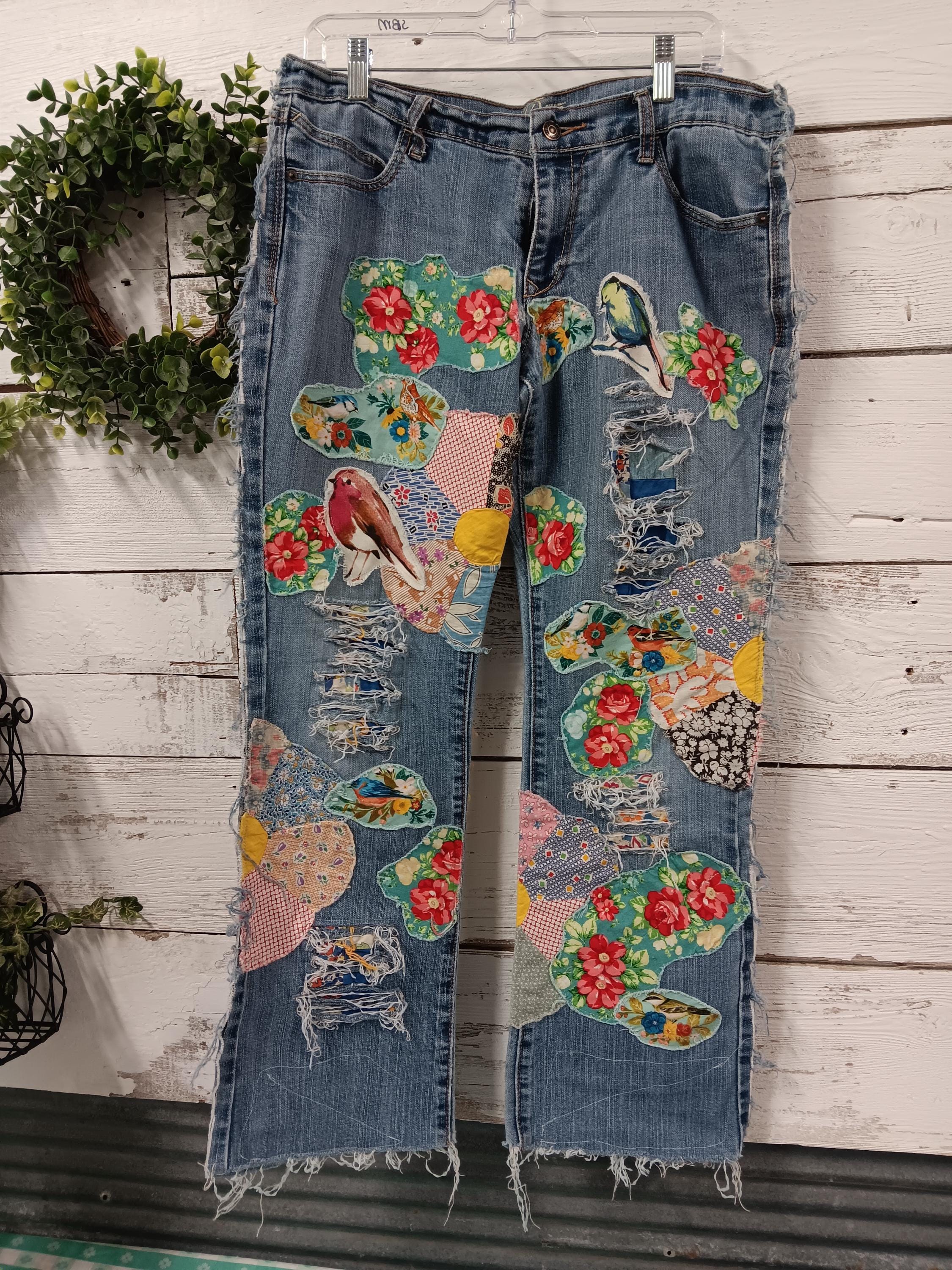 Hippie Jeans Embroidered Jeans Custom Hippie Boho Denim Patchwork