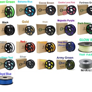 May include: Assortment of 3D printer filament spools in various colors, including neon green, bahama blue, cocoa brown, cookie love pink, fortress gray, black, gold, khaki, majestic purple, dark green, white, red, orange, deep blue (navy), glow in the dark, sea glass teal, silver, yellow, army green, and marble.