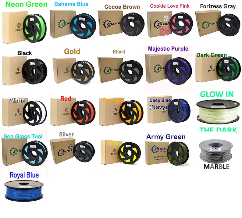 May include: Assortment of 3D printer filament spools in various colors, including neon green, bahama blue, cocoa brown, cookie love pink, fortress gray, black, gold, khaki, majestic purple, dark green, white, red, orange, deep blue (navy), glow in the dark, sea glass teal, silver, yellow, army green, and marble.