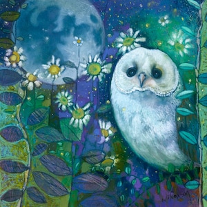 Owl - Barn Owl Giclee Art Print - Nature Painting with daises/moon/owl - Wall art decor for Home, Cottage, Childs Room, Owl collection, gift