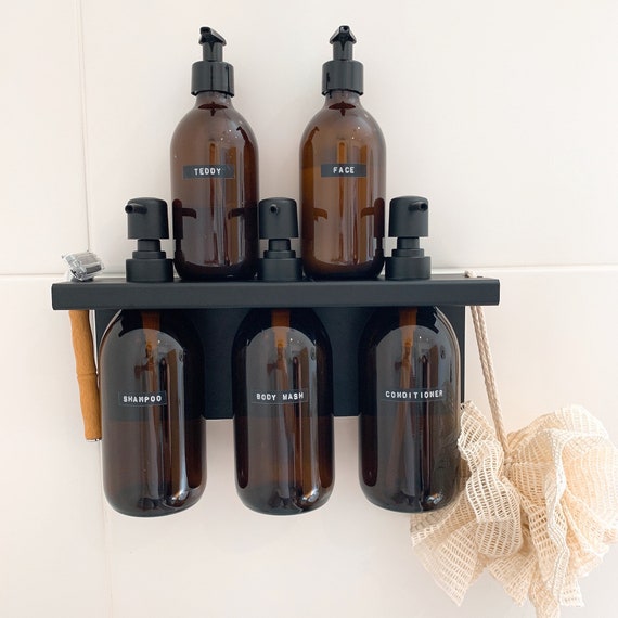 3 Soap Dispenser Wall Mounted No Screws Needed Amber Glass Bottles Matt  Pump for Shampoo, Conditioner and Soap Customizable 