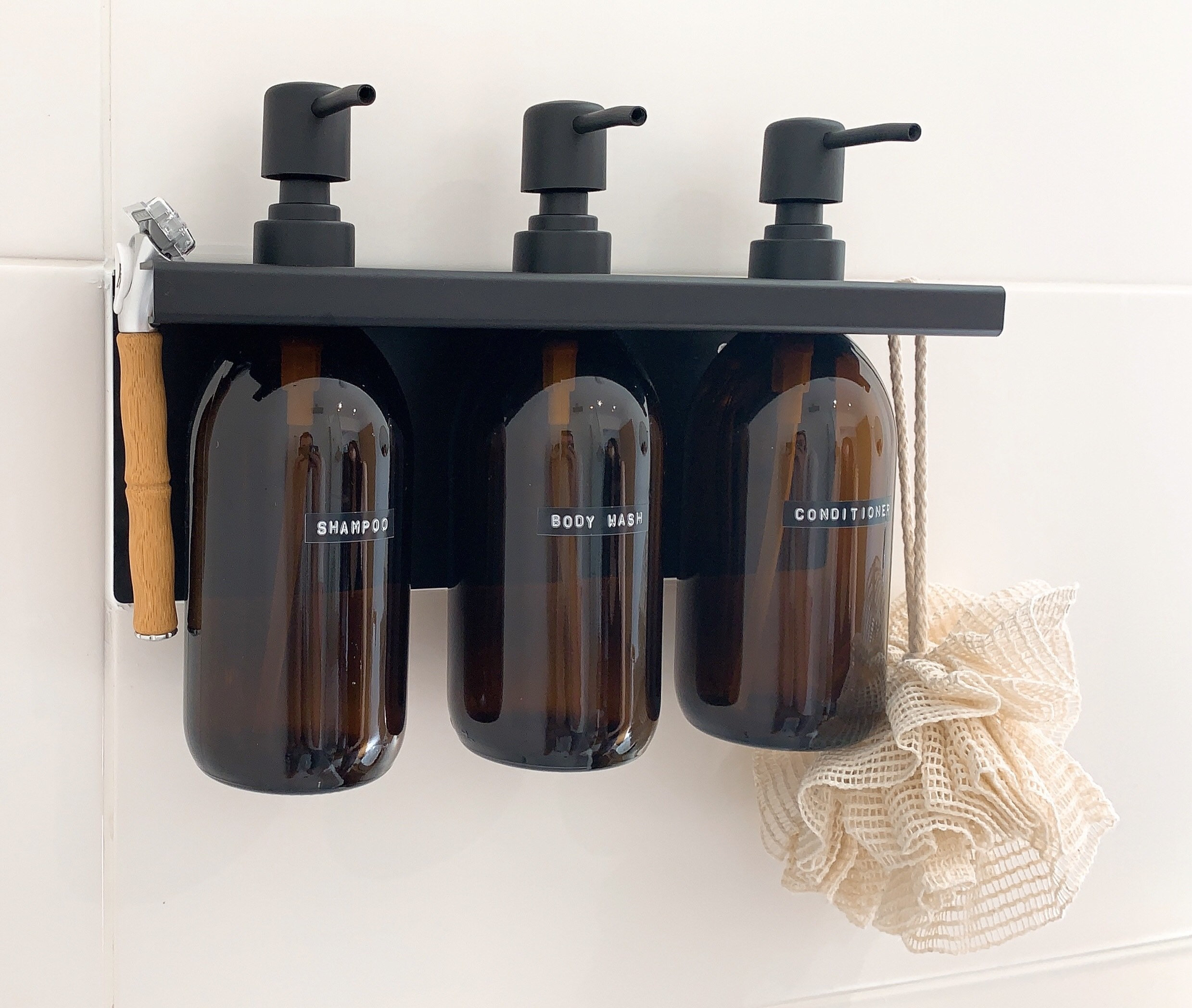 3 Soap Dispenser Wall Mounted No Screws Needed Amber Glass Bottles Matt Pump for Shampoo