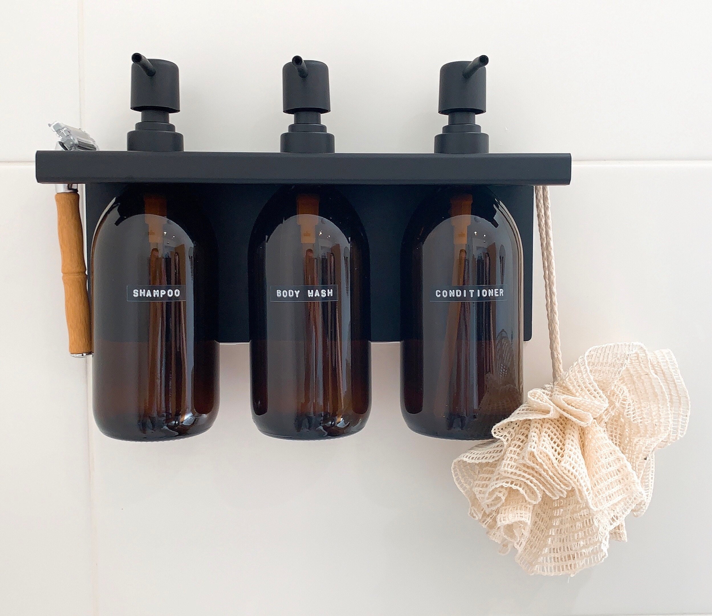 No more bottles on the floor in the shower! Wall-mounted shampoo,  conditioner and soap dispenser made of wal…