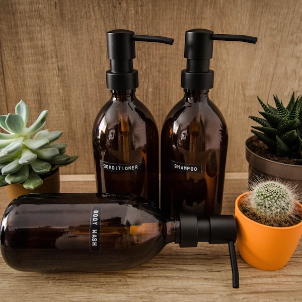 Amber Glass Dispenser Matt Black Pump | Customisable labels | Shampoo, Conditioner, Body Wash, Hand Soap, Sanitizer | Eco Refill