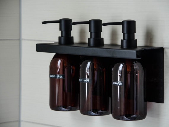 3 Soap Dispenser Wall Mounted No Screws Needed Amber Glass Bottles Matt  Pump for Shampoo, Conditioner and Soap Customizable 