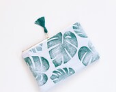 Tropical zipper pouch - clutch - palm leaf on lavender - linen cotton blend - tassel pull