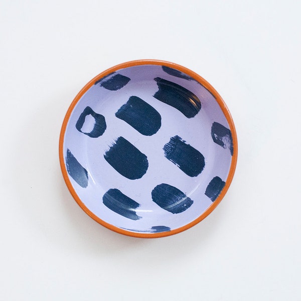 6 DOLLARS off_Hand painted terracotta ring dish - lavender and navy dash