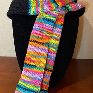 Multicolored scarf, black knitted scarf, rainbow colors, bright colors, colorful winter scarf, acrylic