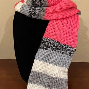 Pink, Black, and Gray Knitted Scarf; Fun, Unique Striped Winter Scarf