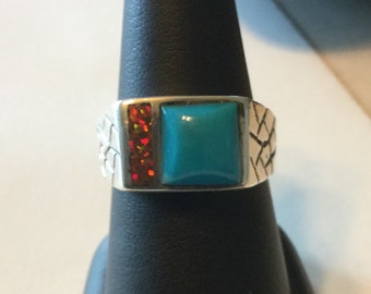 Sterling silver ring with Turqoise stone and Fire Opal