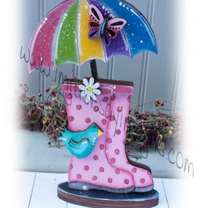 Galoshes and Rainbow umbrella shelf sitter, tier tray decor, spring decor, spring tier tray, blue bird decor