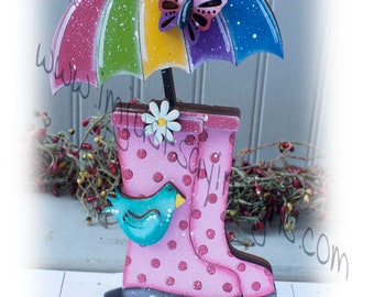 Galoshes and Rainbow umbrella shelf sitter, tier tray decor, spring decor, spring tier tray, blue bird decor