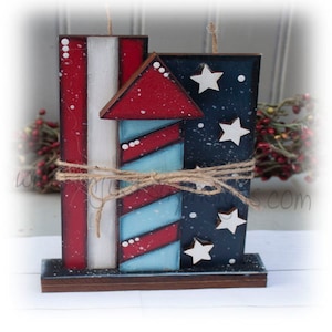 Patriotic Firecracker and Fireworks Shelf Sitter, Patriotic Tier Tray Decor, Americana Decor, Fireworks decor,