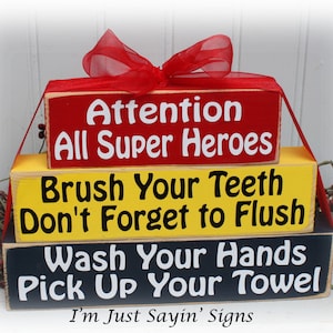 Attention All Super Heroes Wood Blocks for the Bathroom