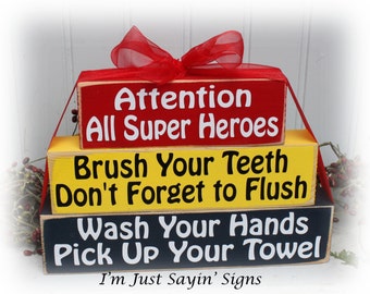 Attention All Super Heroes Wood Blocks for the Bathroom