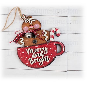 Merry and Bright Gingerbread Teacup Ornament, Christmas Ornament, Christmas Decor, Gingerbread Ornament, Tree Ornament, Gingerbread lover