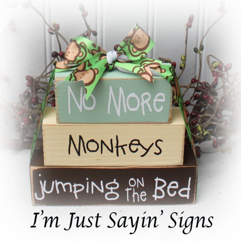 No More Monkeys Jumping On The Bed Itty Bitty Wood Block Sign, Children's Room Decor, Nursery Decor, Wood Block Decor image 2