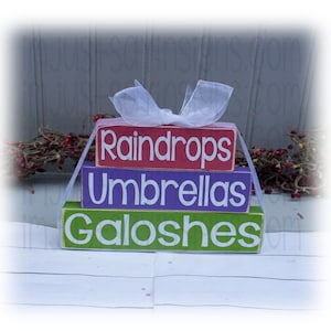 Raindrops, Umbrellas, Galoshes Itty Bitty Blocks, Tier tray decor, Spring decor, summer sign,