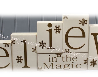 Believe In The Magic Large Wood Blocks-Christmas Blocks-Snowflake Blocks- Holiday Blocks- Holiday Decor