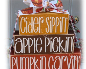 Cider sippin Apple Pickin Pumpkin Carvin Itty Bitty Wood Blocks-Fall Block Decor-Autumn Block Decor-wood Block Decor