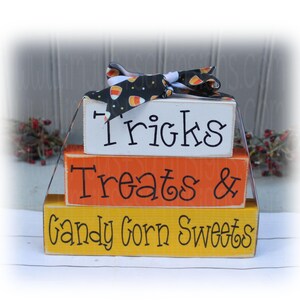 Tricks Treats and Candy Corn Treats Itty Bitty Wood Blocks for Halloween