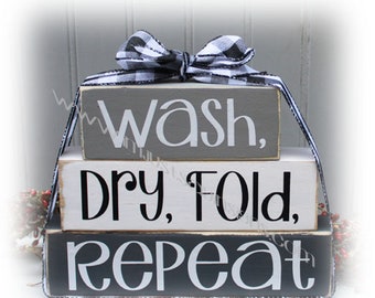 Wash, Dry, Fold Repeat Wood Stacking Blocks, Laundry Room Decor, Laundry sign, Laundry blocks
