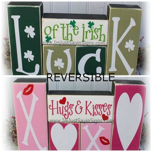 Reversible Hugs N Kisses Luck Of The Irish  Wood Blocks