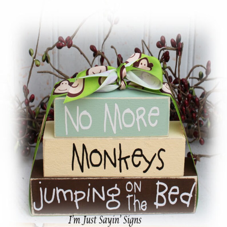 No More Monkeys Jumping On The Bed Itty Bitty Wood Block Sign, Children's Room Decor, Nursery Decor, Wood Block Decor image 1