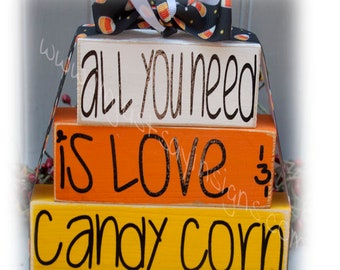 All You need is Love & Candy Corn Itty Bitty Wood Blocks-Halloween Wood Blocks-Wood Block Decor-Halloween Decor-Tiered TRay Decor