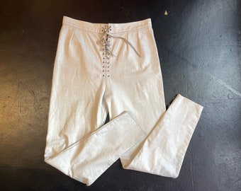 Vintage 1980s White Leather Pants / 70s 80s Vintage White Leather Front Tie Pants / as is