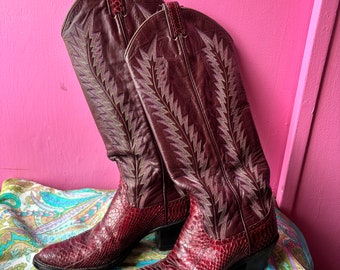 Vintage Cowboy Boots / Vintage Red Cowboy Boots Tall Leather Snakeskin Cowboy Boots / Red Snakeskin Tall Western Wear Boots