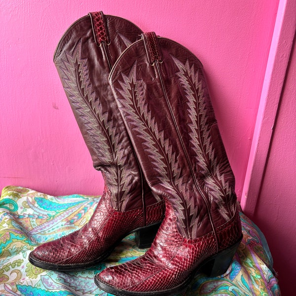 Vintage Cowboy Boots / Vintage Red Cowboy Boots Tall Leather Snakeskin Cowboy Boots / Red Snakeskin Tall Western Wear Boots