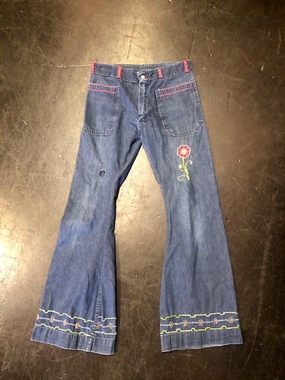 1970's Embroidered Flared Denim Jeans