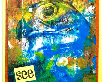 May include: Abstract painting of a bird's head in shades of blue, green, yellow, and brown. The word "see" is on a yellow sticky note in the lower left corner. The artwork is framed with a yellow and orange border.